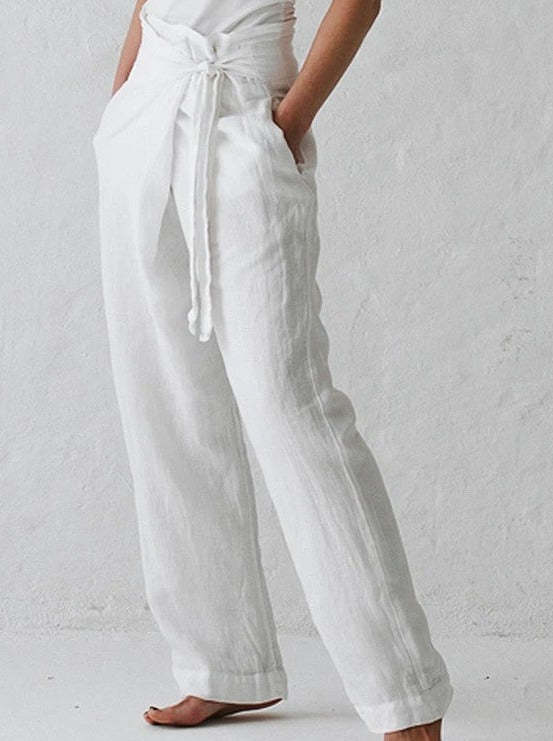 Ladies Cotton Linen Solid Color High Waist Long Pants