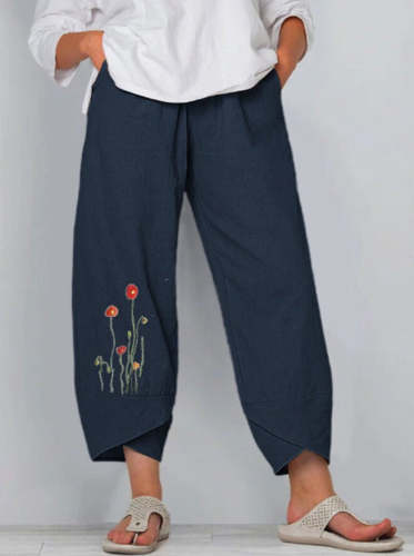 Casual loose cotton and linen embroidered wide-leg long pants