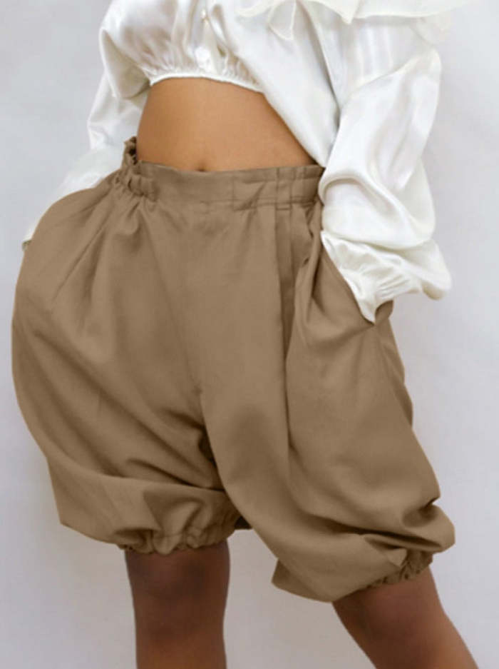 Solid Color Bloomers Pocket Loose Cropped Half Length Pants Shorts
