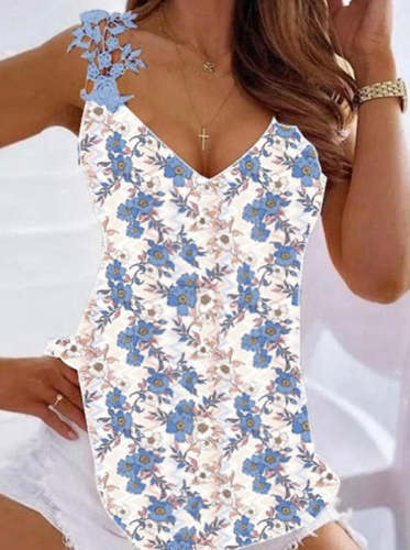 Summer V neck Sleeveless lace floral printed vests shirts tops