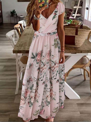Floral Tunic V-Neck high waist Dress Long Dresses