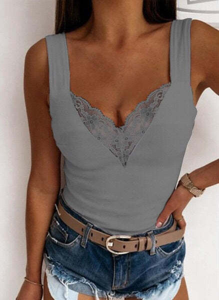 Lace v neck women plain sexy fashion vests shirts