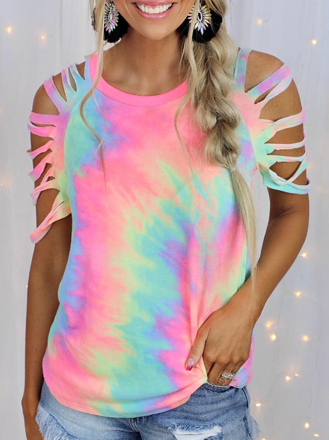 Casual Tie Dye Hollowed Out O Neck T-Shirts