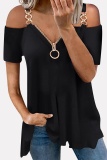 Casual Solid Chains Zipper V Neck T-Shirts