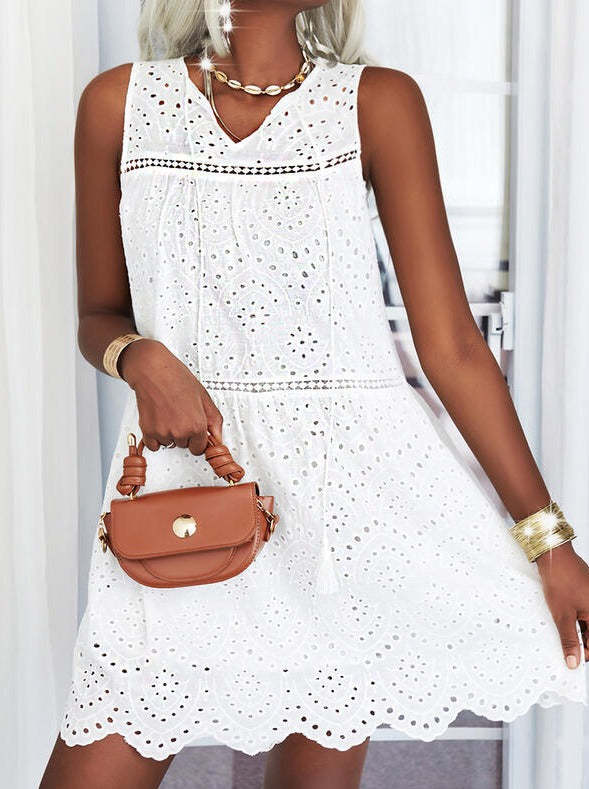 White V neck  hollow out Vacation Dresses