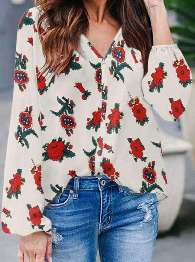 Floral Print Shirts Vintage Loose V-Neck Tops Blouses