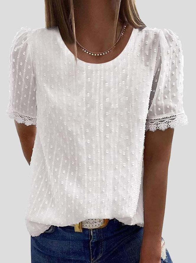 Women Solid Chiffon Round Neck Short Sleeve Top Blouses