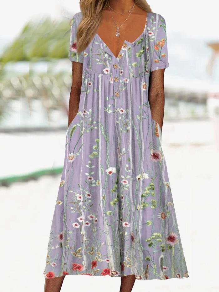 Henley Floral Loose Pockets Casual Maxi Dresses