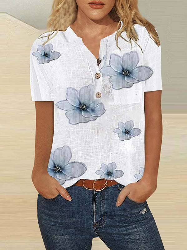 Flower Gradient Tops Button V Neck Short Sleeve Shirts Casual Blouses