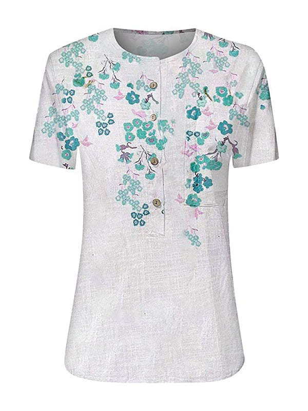 Flower Gradient Tops Button V Neck Short Sleeve Shirts Casual Blouses