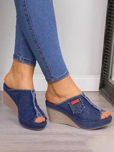 Women Slip-on Peep Toe Wedge Canvas Sandals