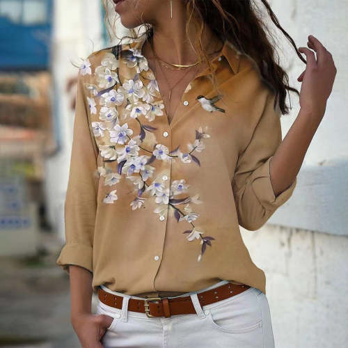 Shirt Collar Floral Casual Blouses for Women