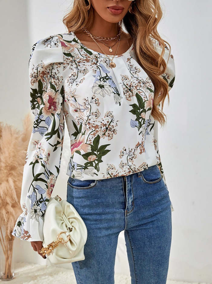 Floral printed vintage round neck women long sleeve blouses for Spring