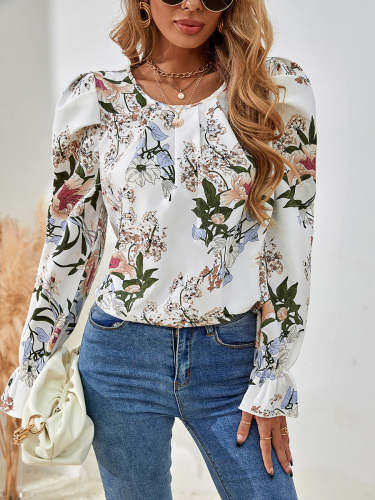 Floral printed vintage round neck women long sleeve blouses for Spring