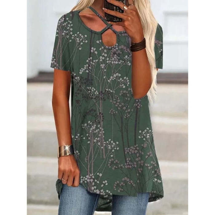 Hallow out neck printed short sleeve T-shirts