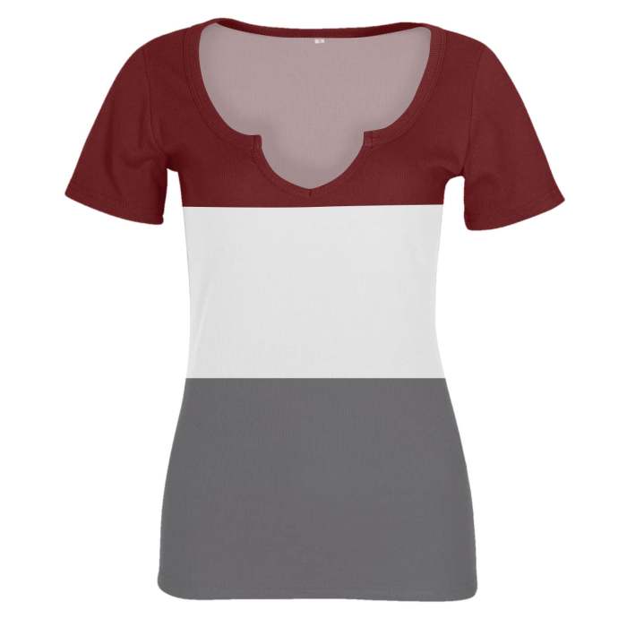 Tricolor Patchwork Print T-Shirt V-Neck Pullover Skinny Short Sleeve Top