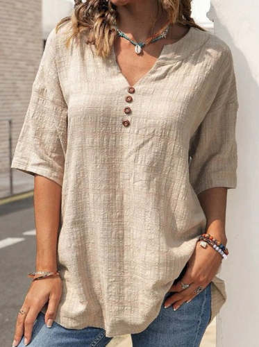 Half sleeve v neck button design cotton blend blouses