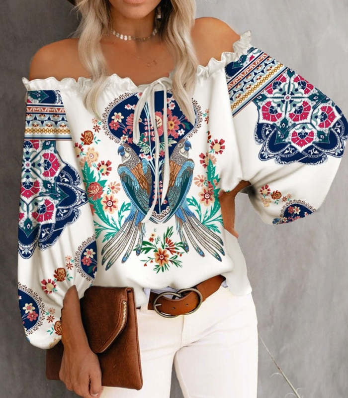 Off shoulder stripe floral printed long sleeve chiffon blouses
