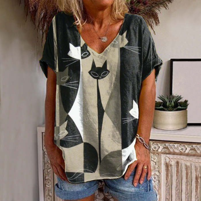Daily v neck cat printed short sleeve T-shirts