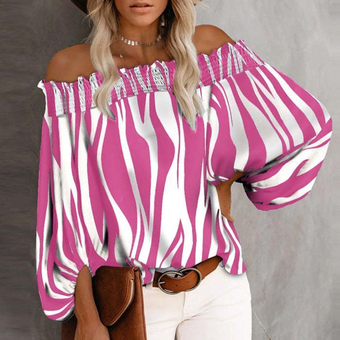 Off shoulder stripe floral printed long sleeve chiffon blouses
