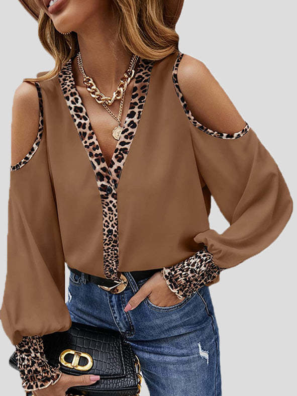 Women's Blouses Leopard Panel Button Off-Shoulder Long Sleeve Blouse