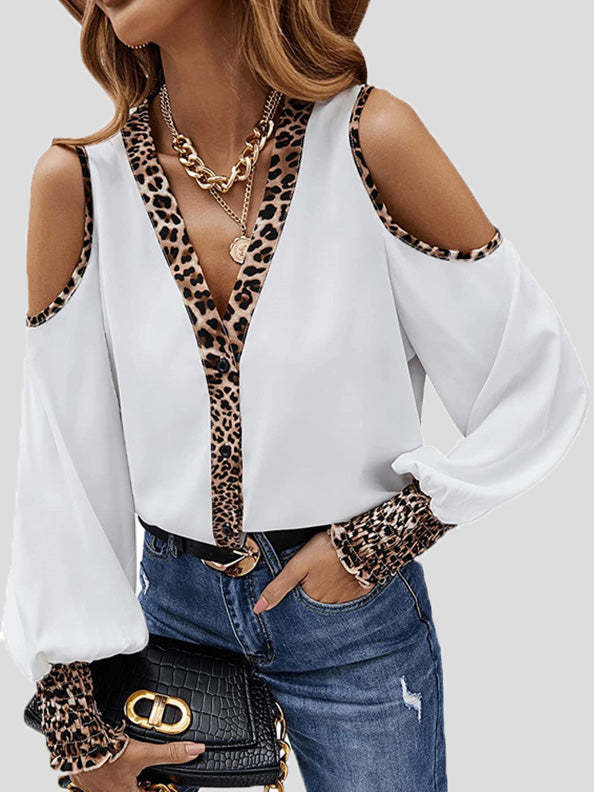 Women's Blouses Leopard Panel Button Off-Shoulder Long Sleeve Blouse