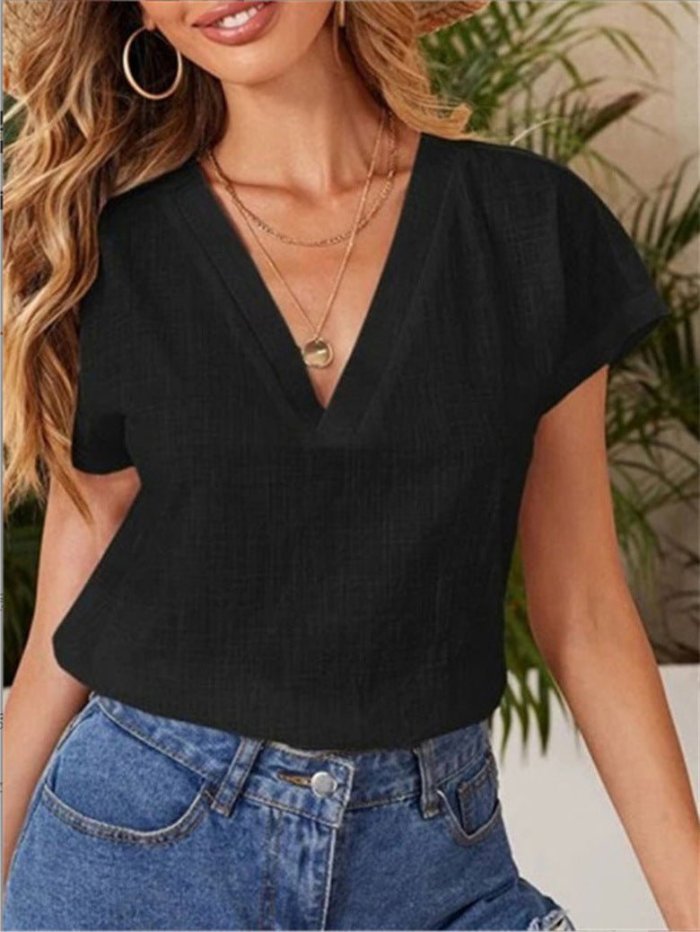 Women's T-Shirts Loose Solid V-Neck Short Sleeve T-Shirt