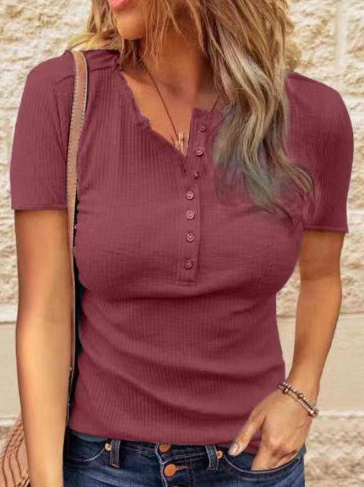 Women's T-Shirts Solid Button Short Sleeve Knit Slim Fit T-Shirt