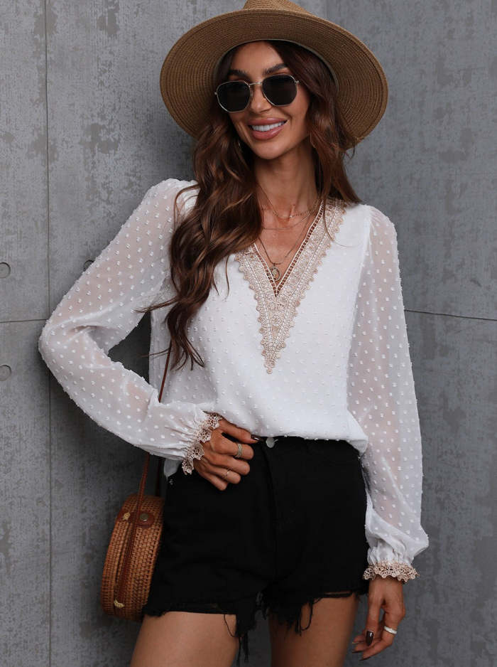 V neck Long sleeve Lace Pure chiffon Blouses for working day