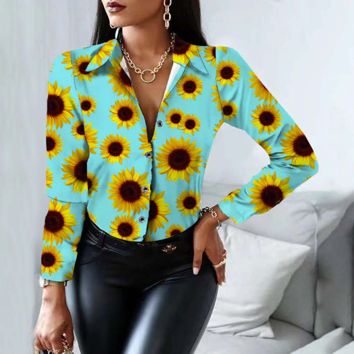 Women's Long Sleeve Buttoned Sunflower Print Shirt Blouses