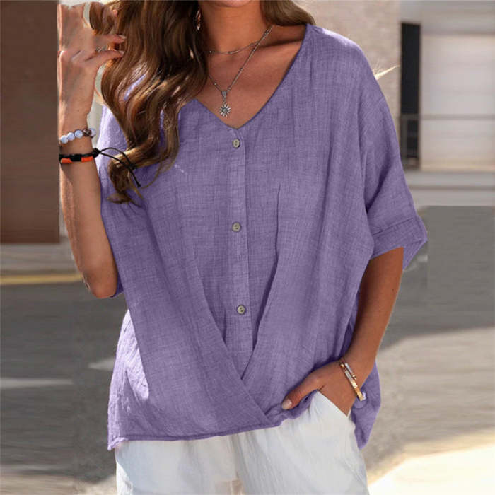 V Neck Pullover Short Sleeve Loose Fit Women's Irregular Casual Shirt