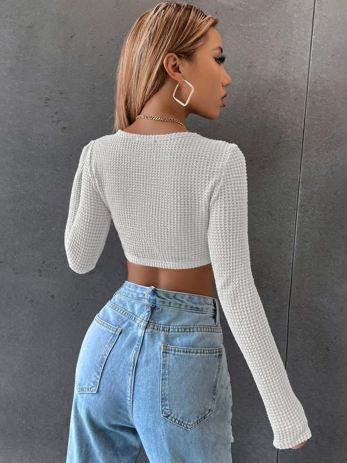 Sexy Zip Knit Cropped Round Collar Long Sleeve T-Shirts