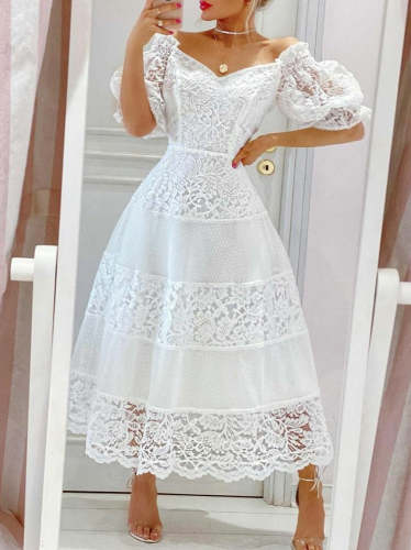 V-neck lace stitching large hem long skirt puff sleeve maxi dresses