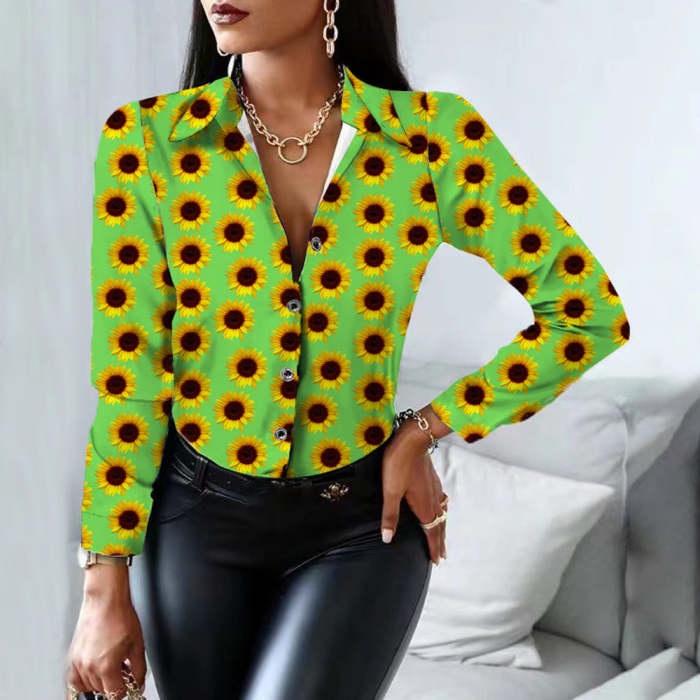 Women's Long Sleeve Buttoned Sunflower Print Shirt Blouses