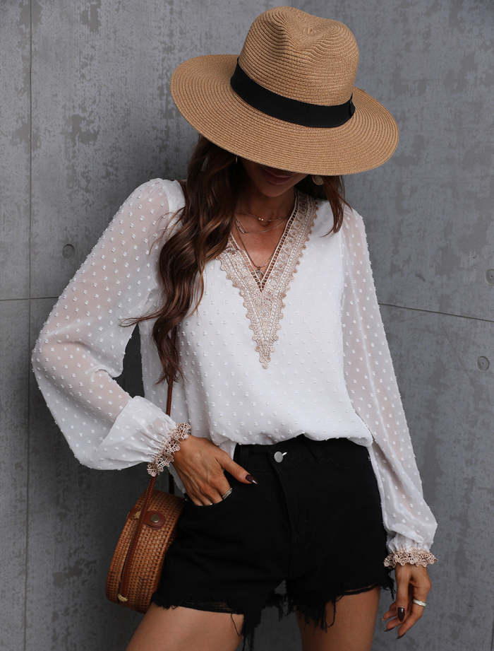 V neck Long sleeve Lace Pure chiffon Blouses for working day
