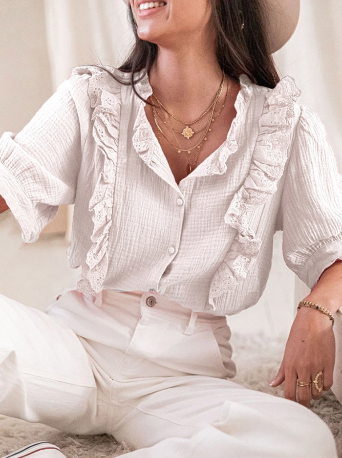 Casual Solid Lace Turndown Collar Tops Blouses