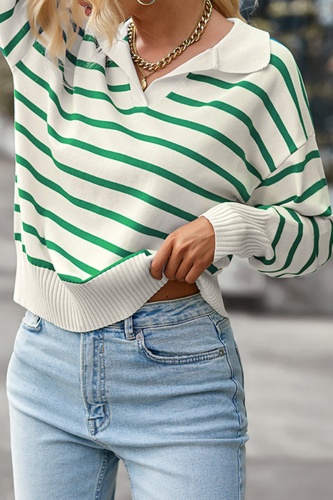 Casual Striped Patchwork Turndown Collar Tops Sweaters