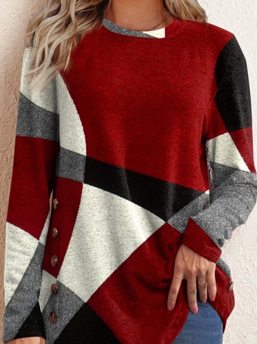 Casual Print Patchwork O Neck Tops Sweaters