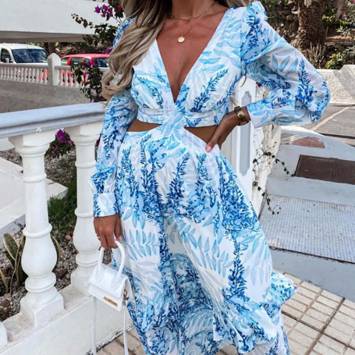 Fashion women's spring & autumn new printed V-neck long-sleeved temperament maxi dresses