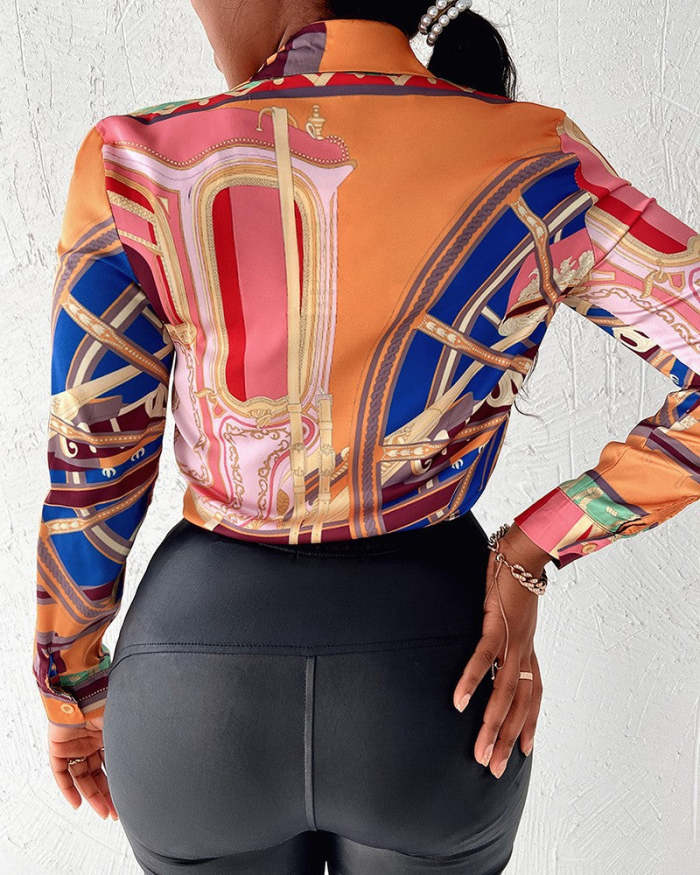 Fashion new printed Turn down neck long sleeve button blouses