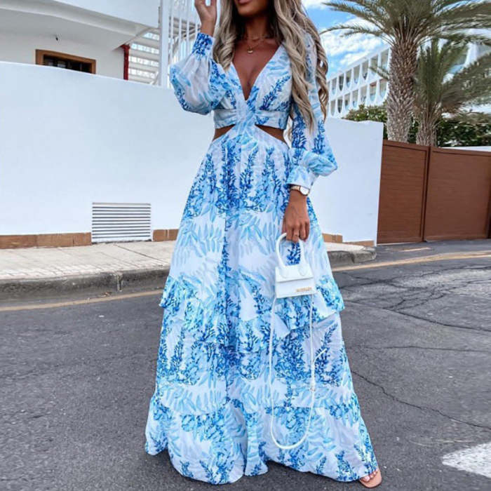 Fashion women's spring & autumn new printed V-neck long-sleeved temperament maxi dresses