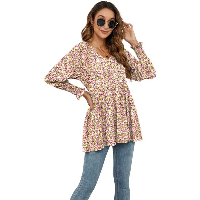 Floral Printed Puff Sleeve Long Sleeve Tunic T-Shirts