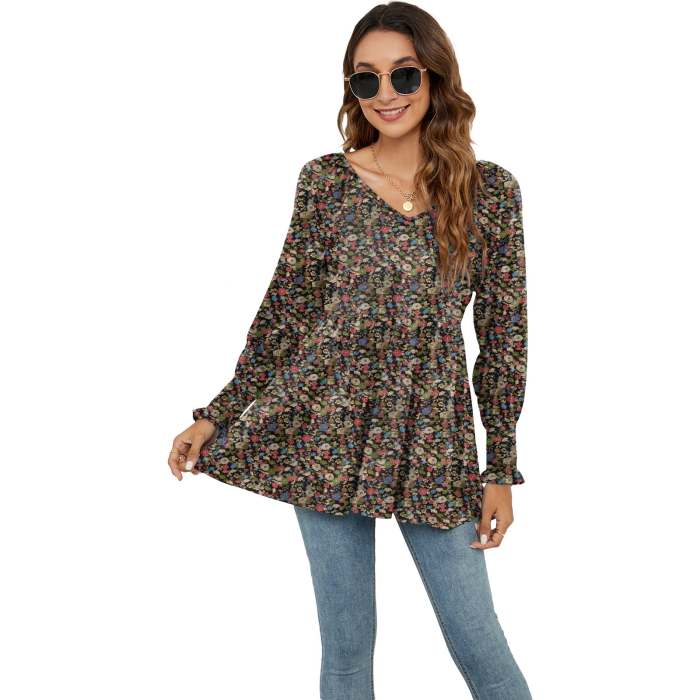 Floral Printed Puff Sleeve Long Sleeve Tunic T-Shirts