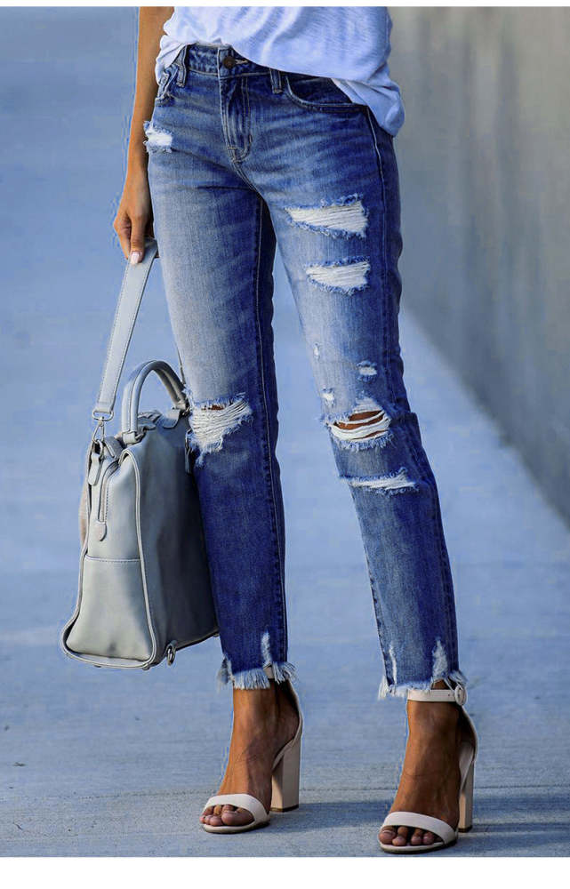 Denim fashion hole design long slim pants