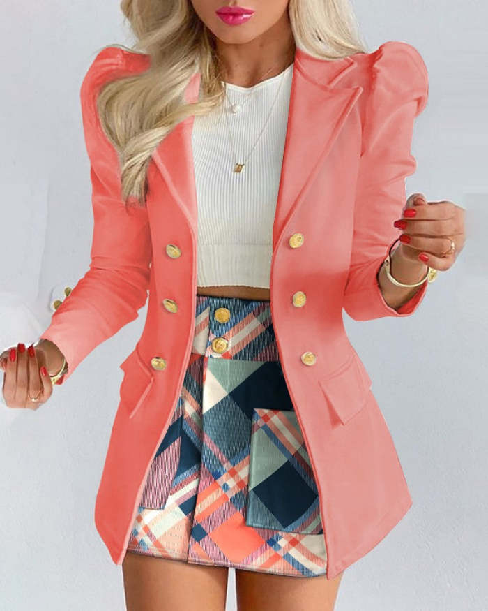 Fashion turn down neck golden button women long sleeve blazer and skirts Two pieces