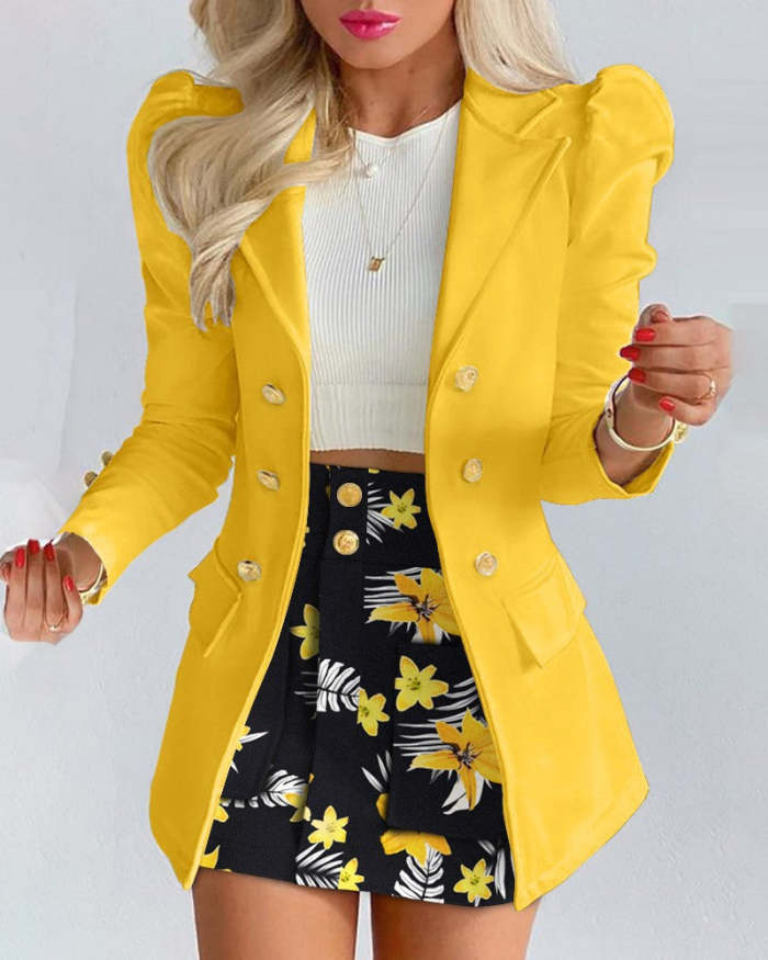 Fashion turn down neck golden button women long sleeve blazer and skirts Two pieces