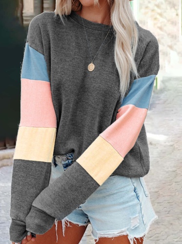 Street Solid Patchwork O Neck Tops(3 Colors)