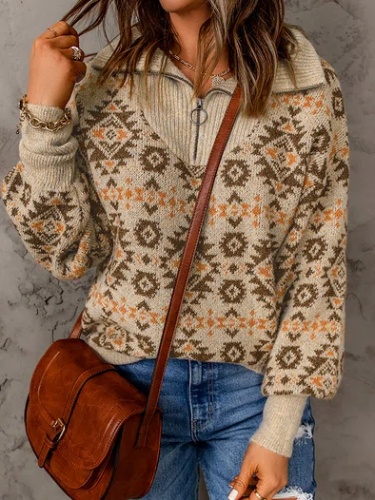 Women Casual Ethnic Winter Zipper Loose Long sleeve Knitting Regular H-Line Sweaters