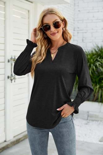 Casual V-Neck Solid Color Ruffle Sleeve Loose T-Shirts