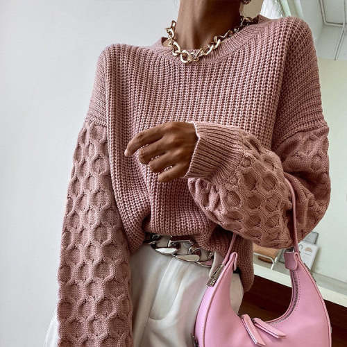 Elegant solid color knite round neck long sleeve sweaters
